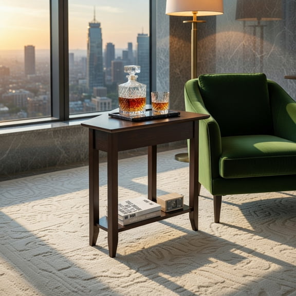 Demi Bonn 2-Tier Wedge Narrow End Table with Storage Shelf and Solid Wood Legs, Sofa Side Table, Bed Side Table, for Living Room, Bedroom, Brown