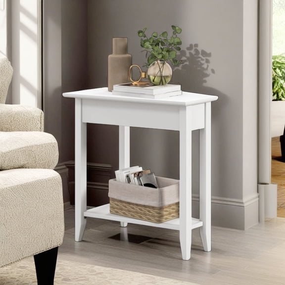 Demi Bonn 2-Tier Wedge Narrow End Table with Storage Shelf and Solid Wood Legs, Sofa Side Table, Bed Side Table, for Living Room, Bedroom, White