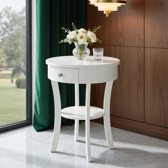 Demi Bonn 2-Tier Wood Round End Table with Open Drawer, Sofa Side Table, Bed Side Table, for Living Room, Bedroom, White