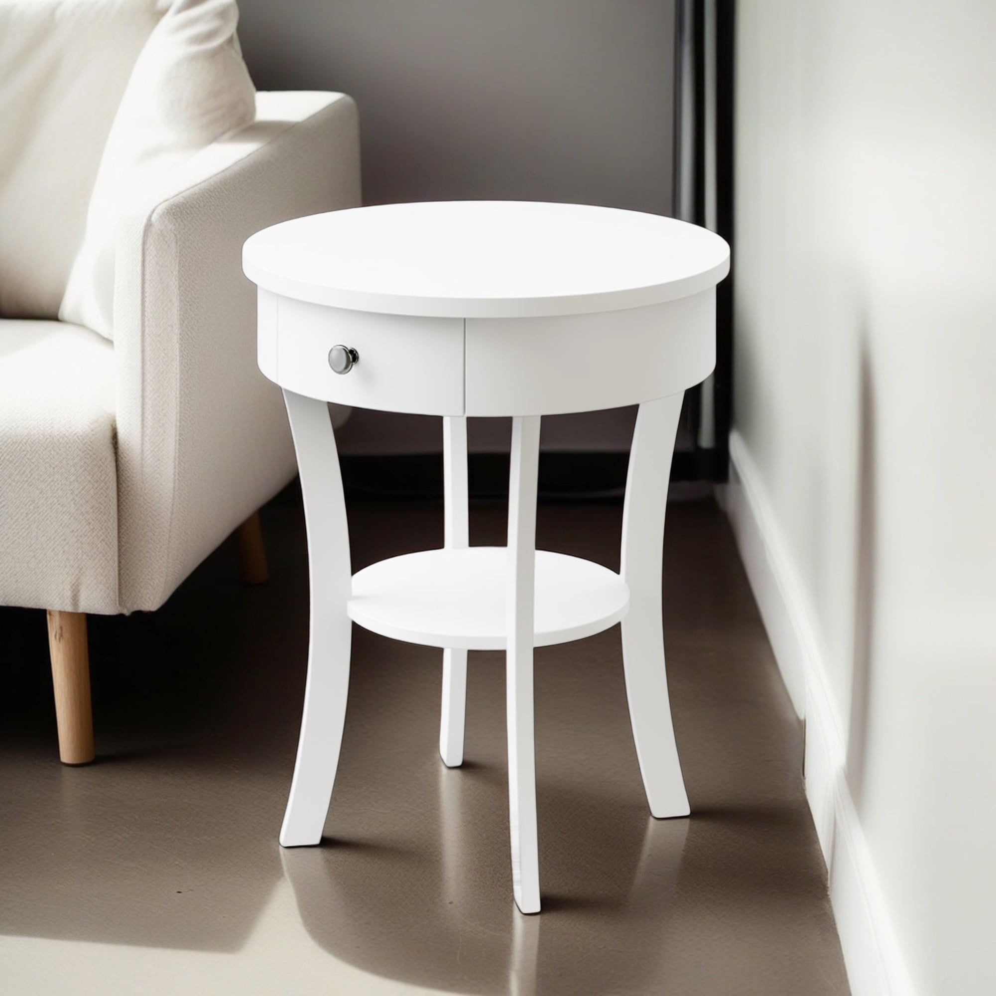 Demi Bonn 2-Tier Wood Round End Table with Open Drawer, Sofa Side Table, Bed Side Table, for Living Room, Bedroom, White