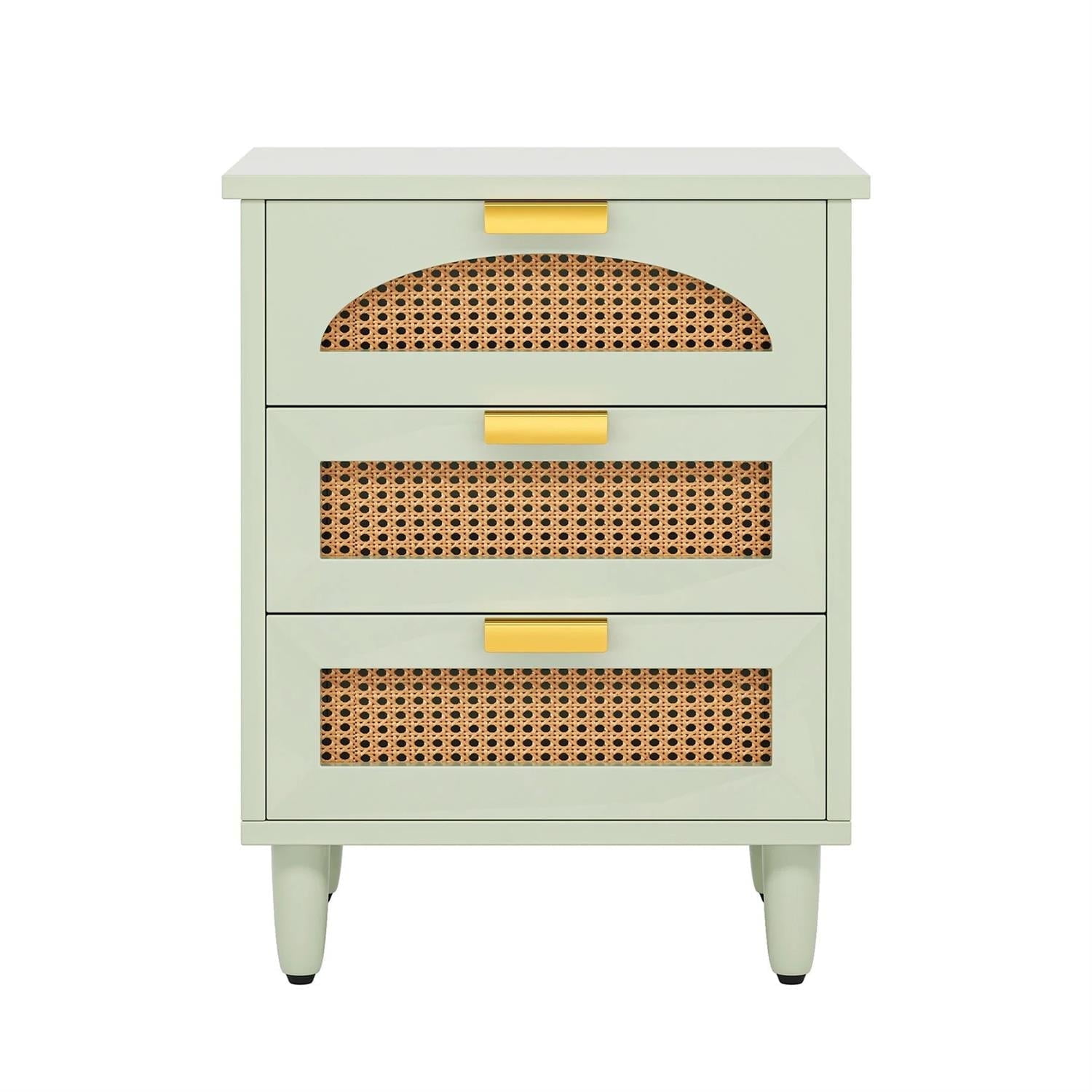 Demi Bonn 20" Wood Nightstand with 3-Drawers, Bedside End Table for Bedroom, Rattan Side Table with Boho Style, Green