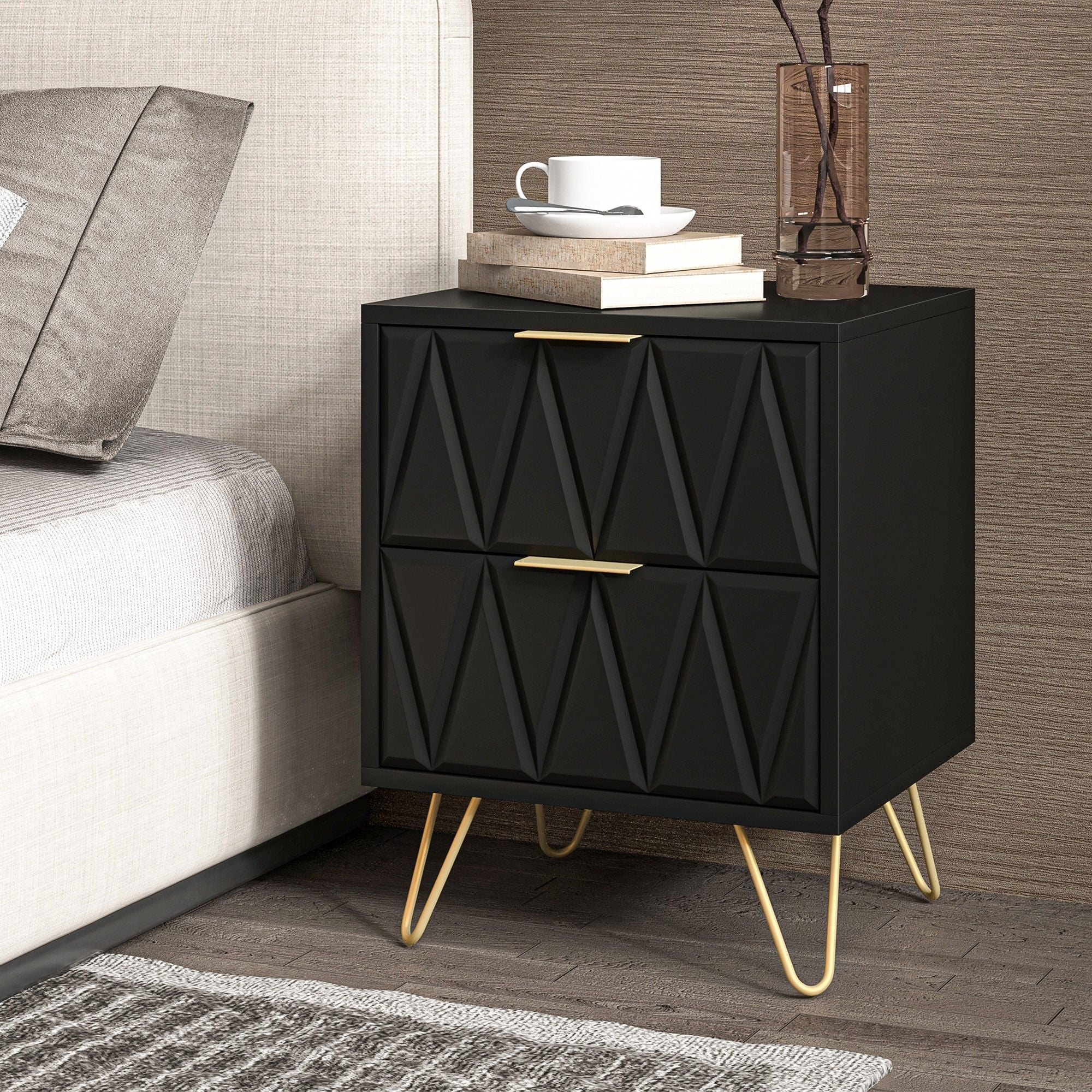 Finihen 21" Tall Nightstand with 2 Drawers, End Table Dual Night Stand with Metal Legs for Bedroom Living Room, Black Finihen 21" Tall Nightstand with 2 Drawers, End Table Dual Night Stand with Metal Legs for Bedroom Living Room, Black