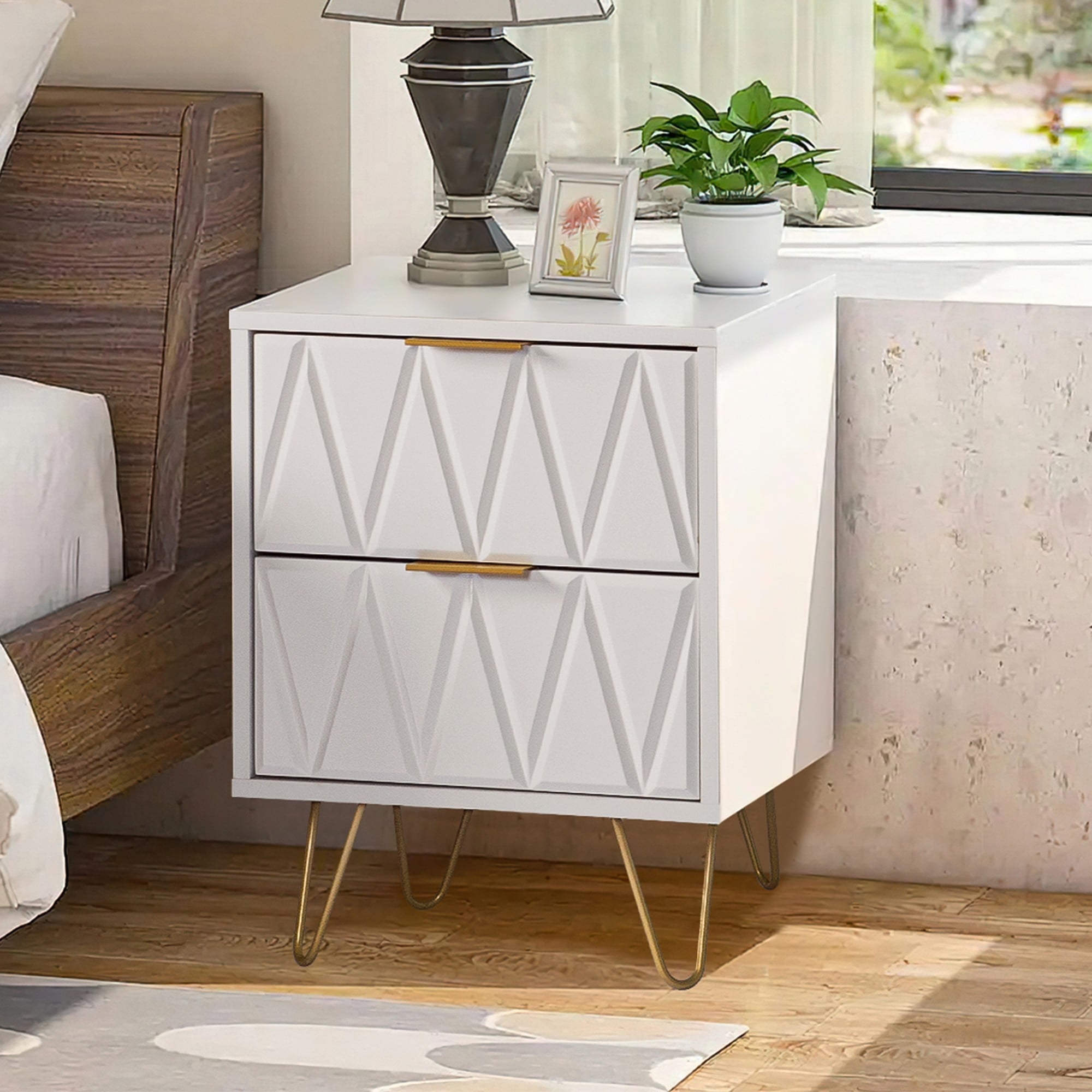 Demi Bonn 21" Tall Nightstand with 2 Drawers, End Table Dual Night Stand with Metal Legs for Bedroom Living Room, White