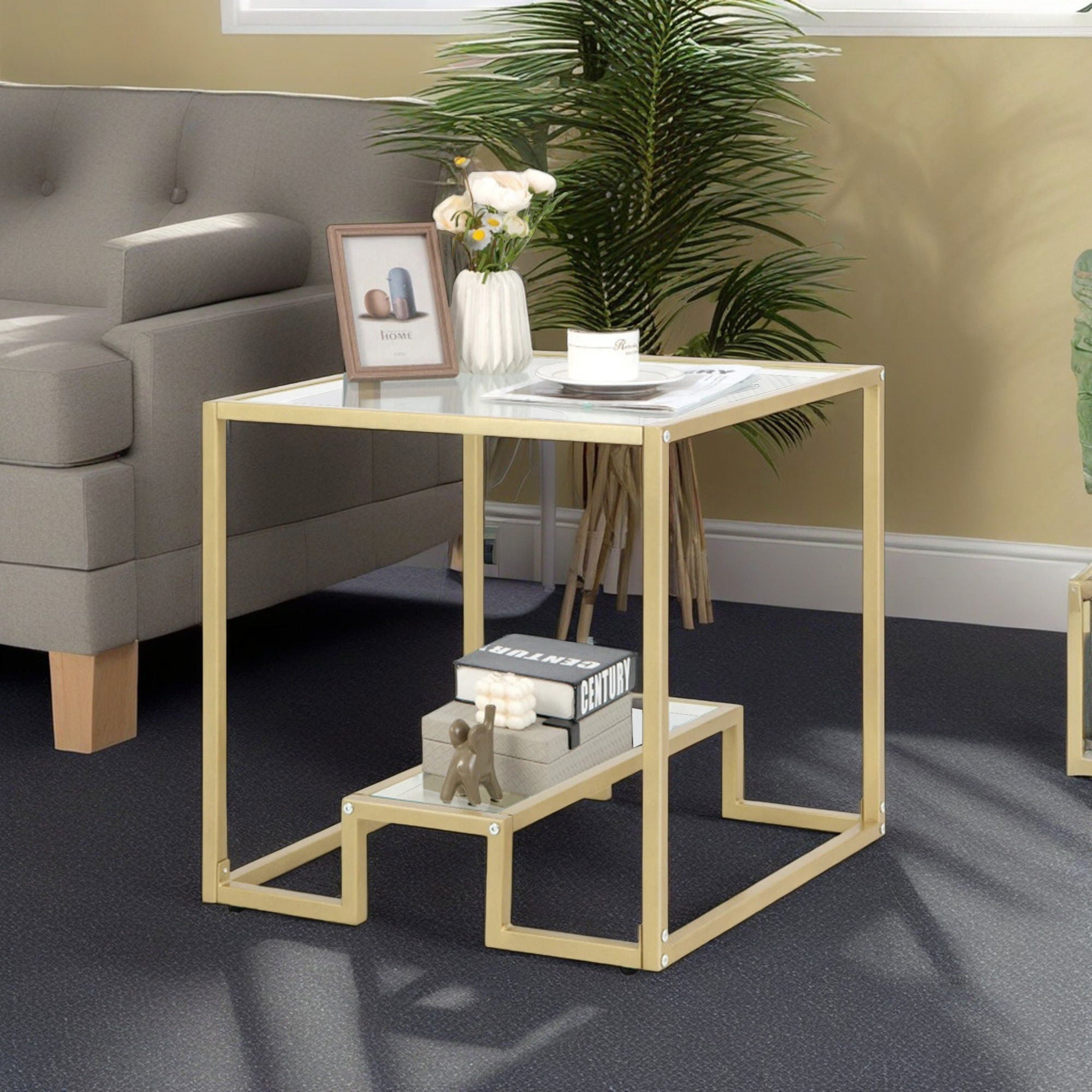 Demi Bonn 22" End Table, 2-Tier Square Sofa Side Table with Tempered Glass Tabletop, Bed Side Table, for Living Room, Bedroom, Bronze