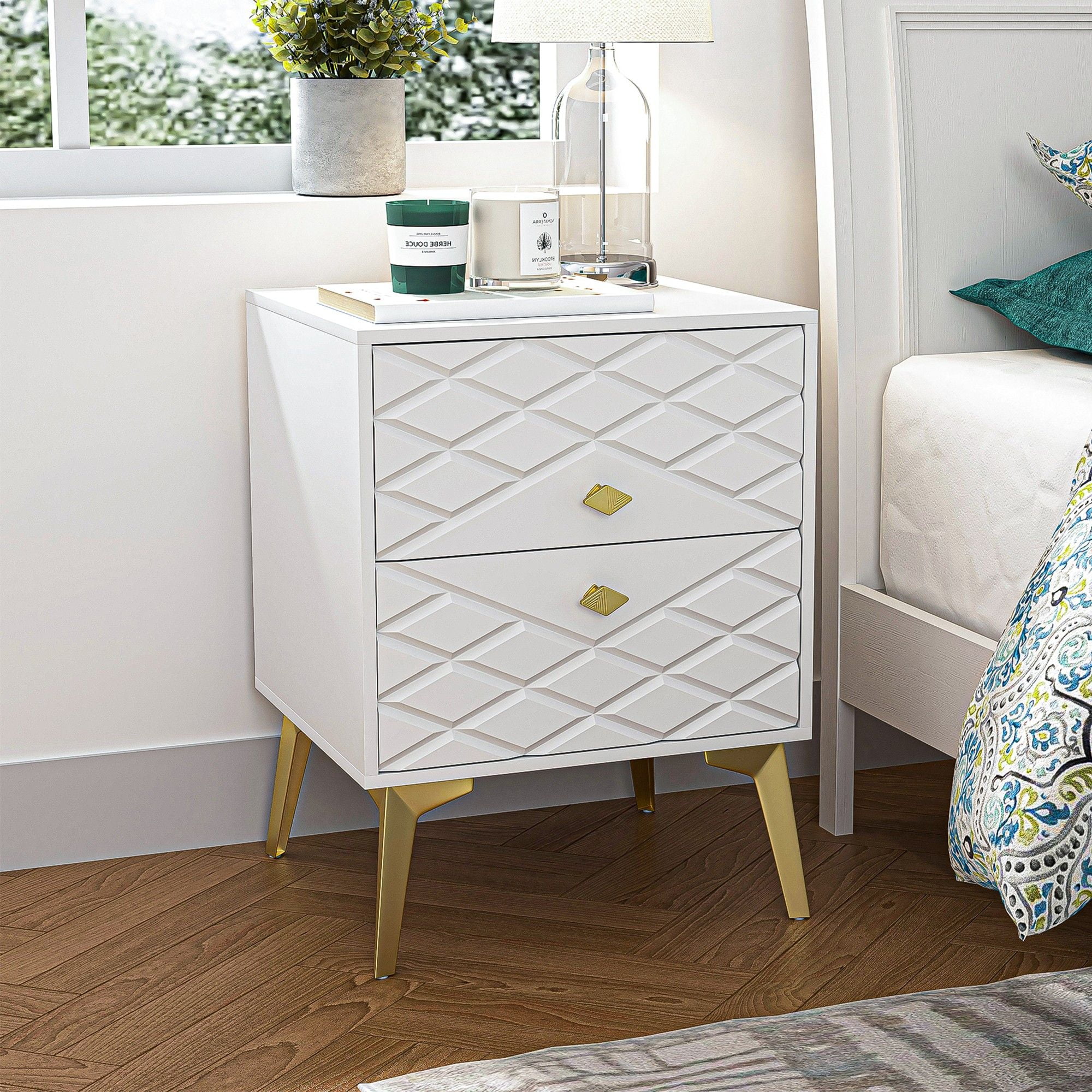 Finihen 22" Tall Carved Nightstand with 2 Drawers, End Table Dual Night Stand with Metal Legs for Bedroom Living Room, White