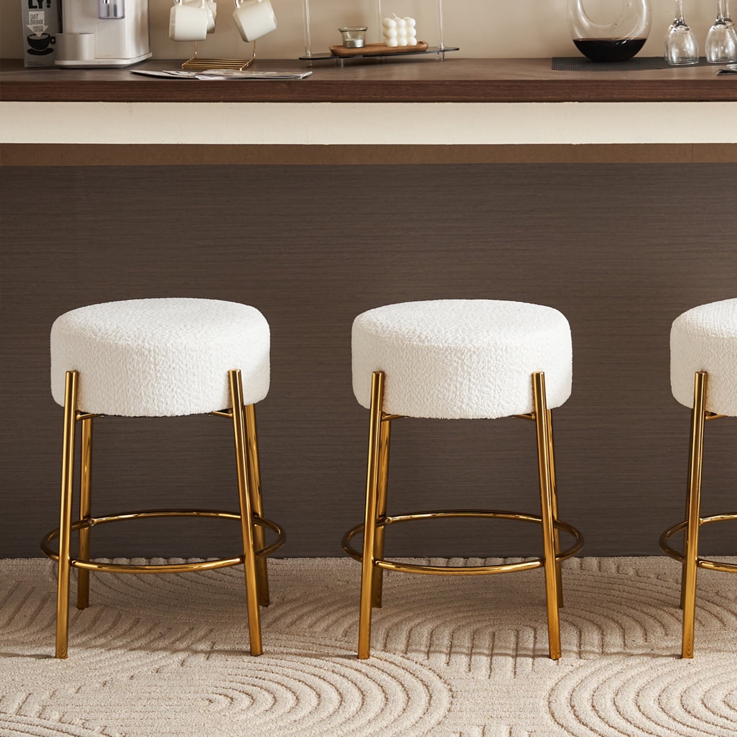 Demi Bonn 24" Counter Height Bar Stools Set of 2, Upholstered Barstools, Kitchen Island Countertop Chairs for Dining Room, Beige+Gold