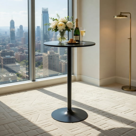 Demi Bonn 24" Modern Style Round Cocktail Table with Metal Base and MDF Top, for Kitchen, Dining Room, Dinette, Breakfast Nook, Black
