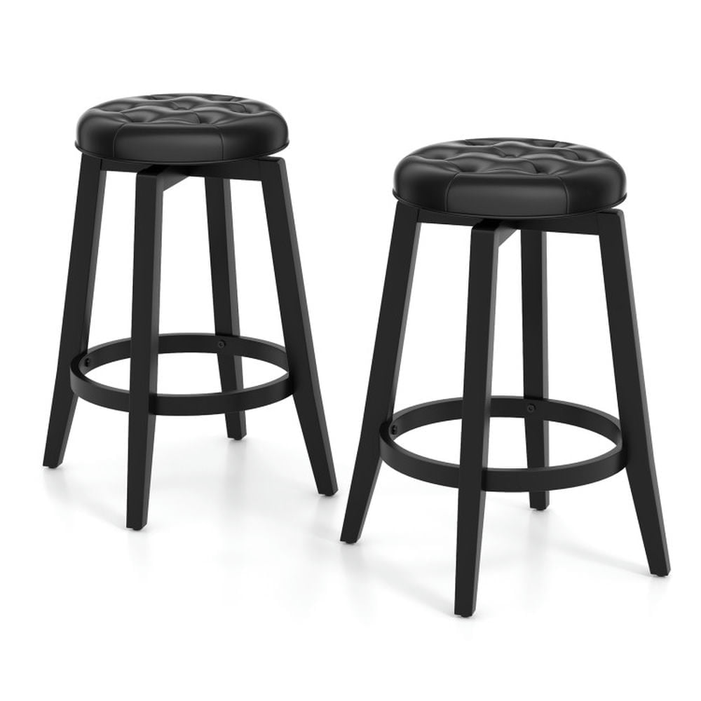 Demi Bonn 24" Set of 2 360° Swivel Upholstered Rubberwood Frame Bar Stool with Footrest, Modern Kitchen Dining Chair, Black