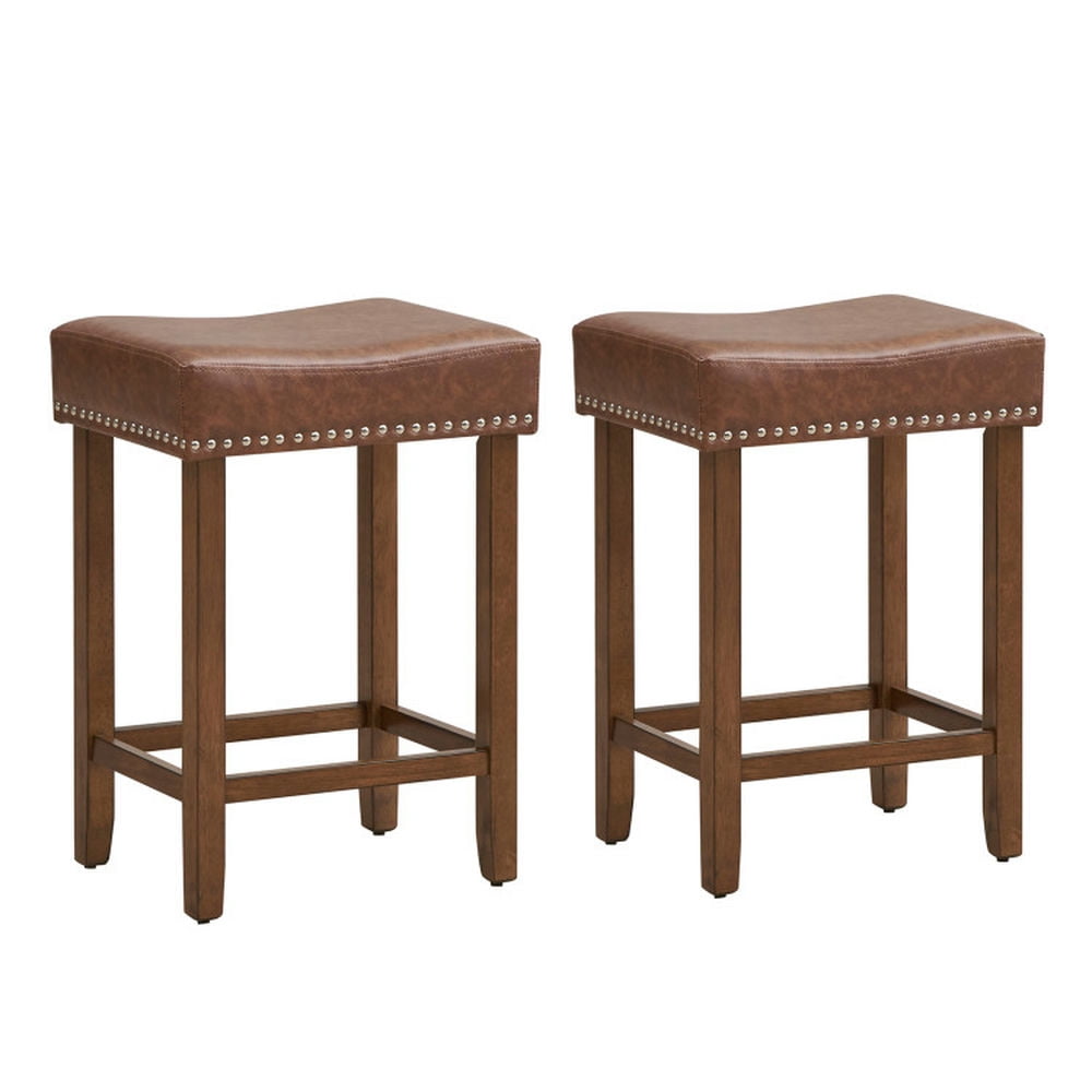 Finihen 24" Set of 2 Upholstered PU Leather Bar Stools, Modern Kitchen Dining Chair, Brown