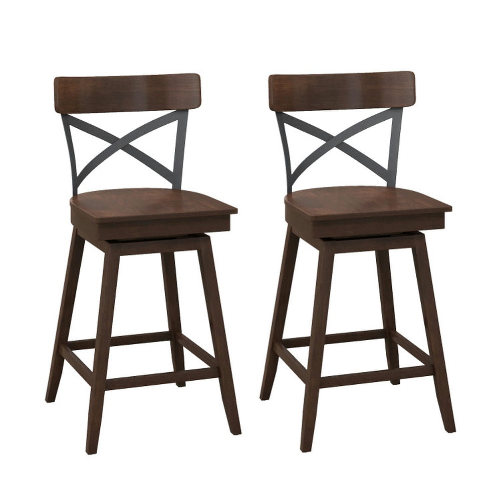 Finihen 24" Set of 2 Wooden Swivel Bar Stools with Open X Back and Footrest, Modern Dining Chair, Brown