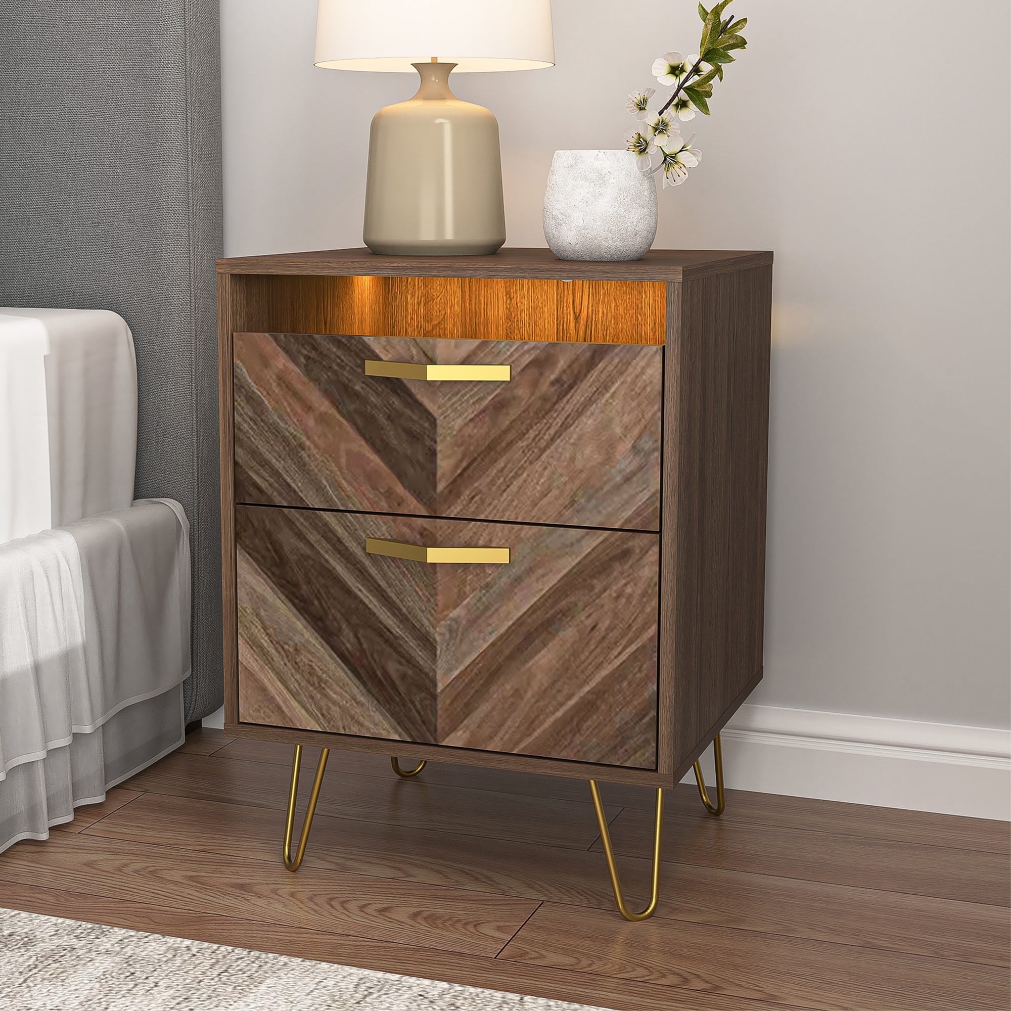 Demi Bonn 24" Tall Nightstand with 2 Drawers, End Table Dual Night Stand with Metal Legs and LED Lights for Bedroom Living Room, Brown