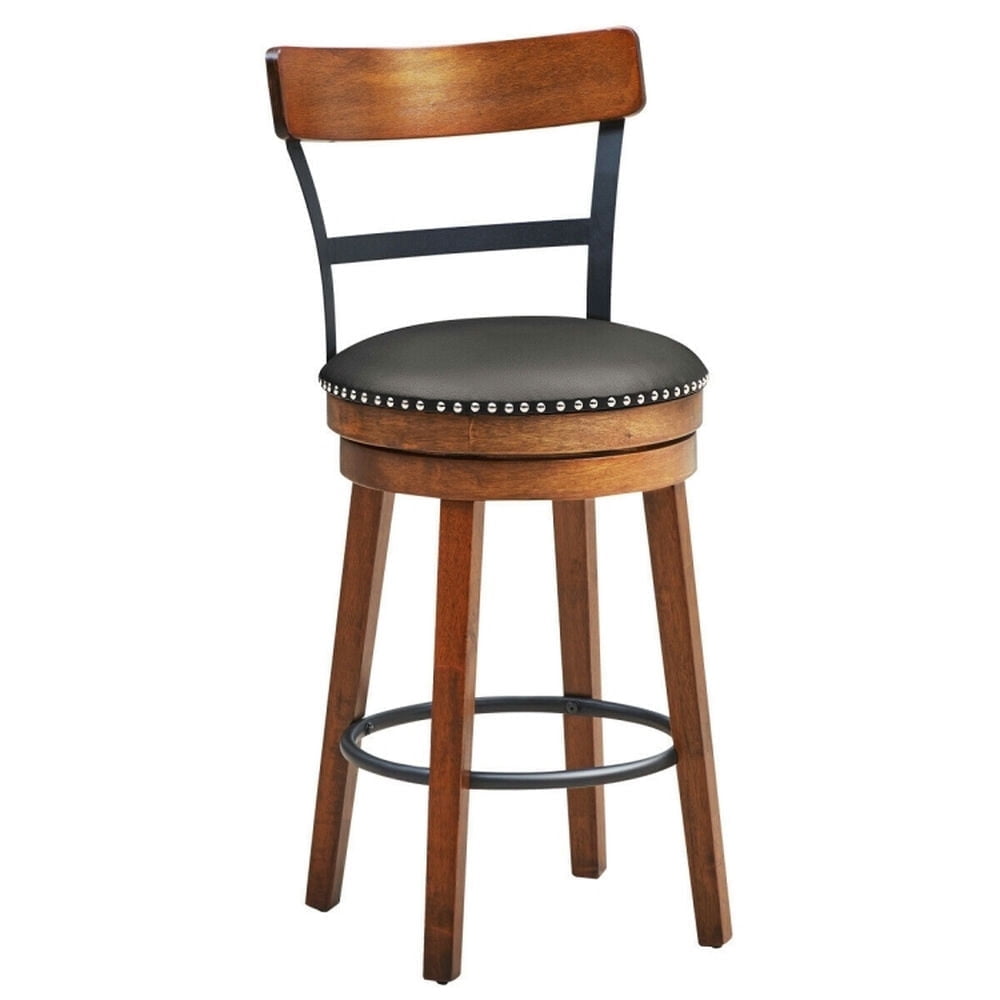 Demi Bonn 25.5" 360-Degree Bar Swivel Stools with Leather Padded, Wood Dining Chair with Backrests, Brown