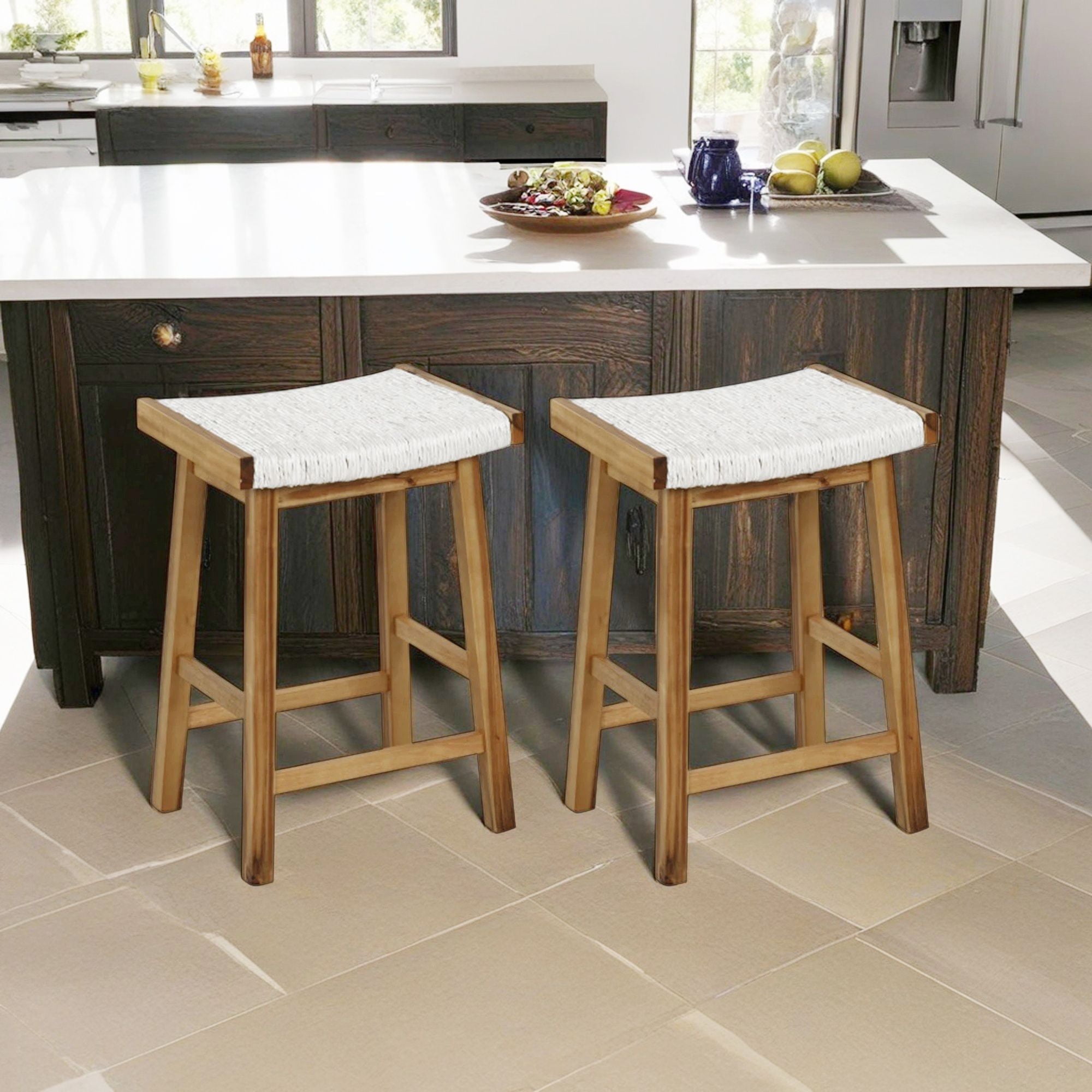 Demi Bonn 25.5" Set of 2 Bar Stool with Seaweed Woven Seat, Modern Kitchen Dining Chair, Beige