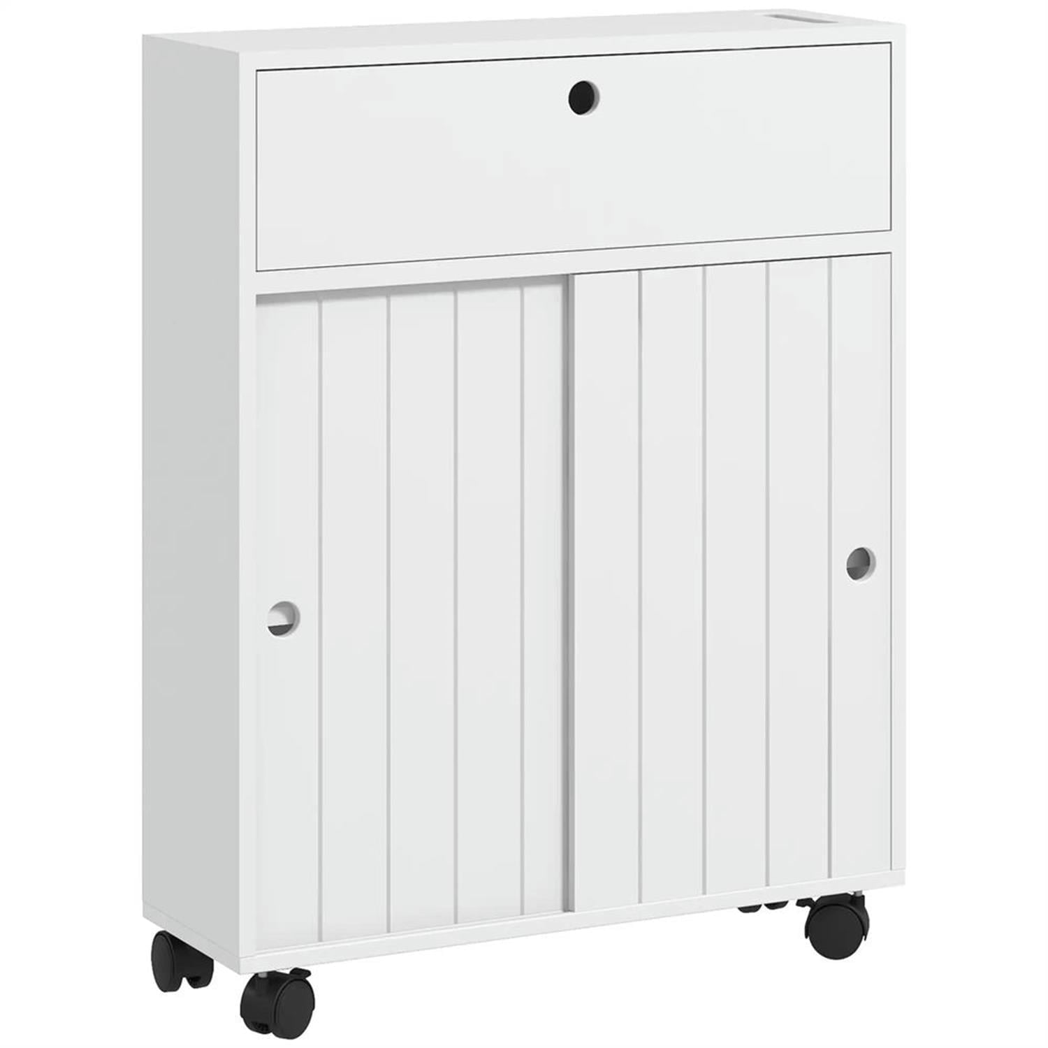 Demi Bonn 26" Rolling Narrow Bathroom Side Storage Cabinet with 4 Rolling Wheels, Bathroom Toilet Paper Storage Cabinet for Small Spaces, White