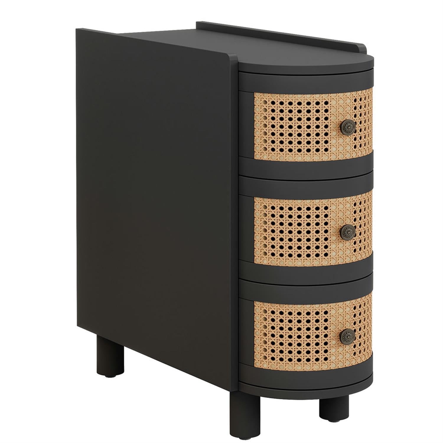 Demi Bonn 26" Wood Nightstand with 3-Drawers, Bedside End Table for Bedroom, Modern Rattan Side Table with Storage, Black