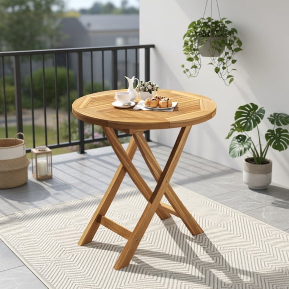 Demi Bonn 27" Teak Wood Patio Table with Slatted Tabletop and Sturdy X-Shaped Frame, Modern Outdoor Dining Table, Perfect for Small Space, Brown
