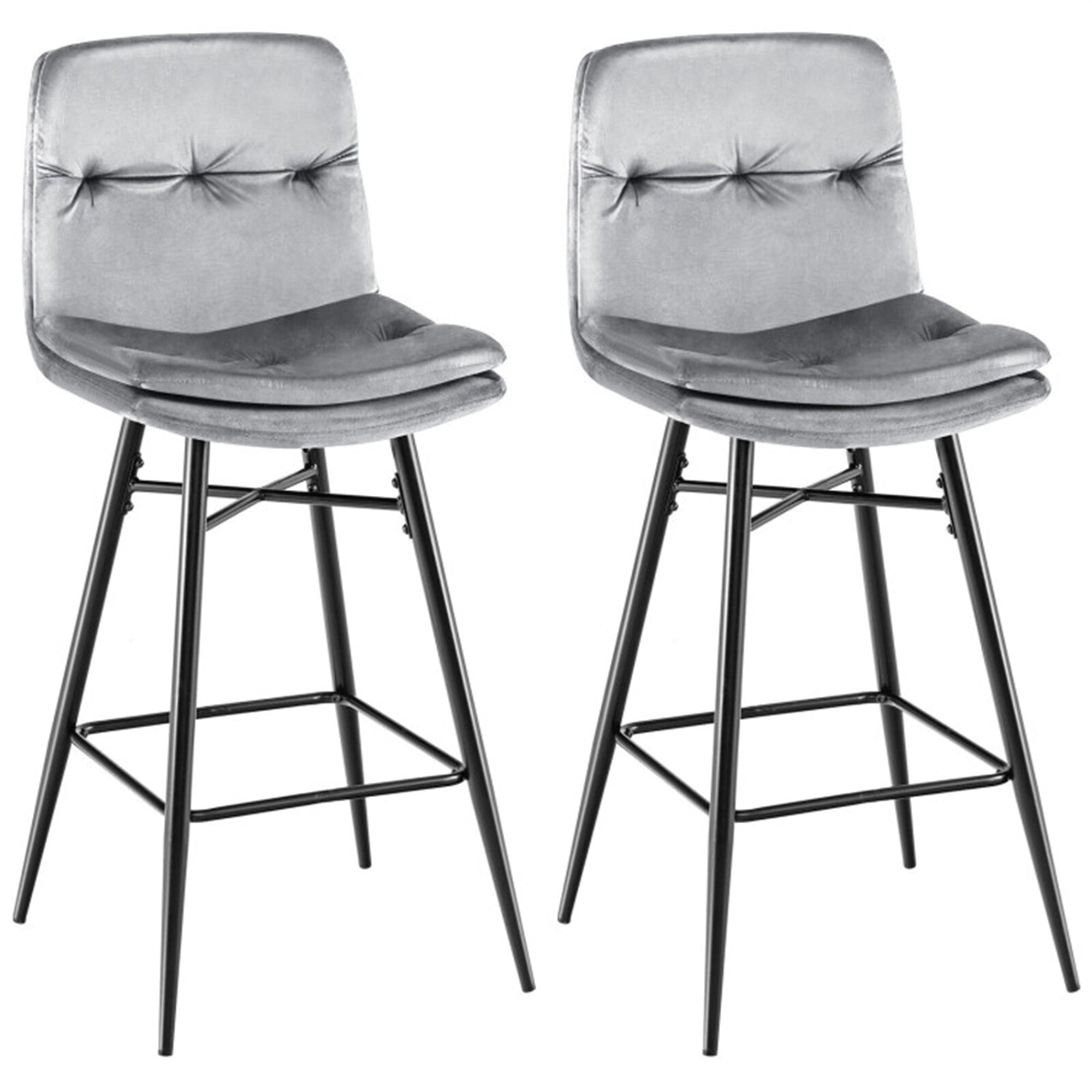 Demi Bonn 29" 2 Pieces Velvet Bar Stools Set with Tufted Back and Footrests, Modern Dining Chair, Gray