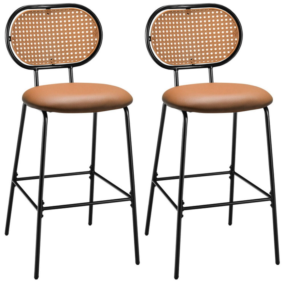 Finihen 29.5" Modern Faux Leather Bar Stools with Imitation Rattan Woven Backrest, Modern Dining Chair, Brown Finihen 29.5" Modern Faux Leather Bar Stools with Imitation Rattan Woven Backrest, Modern Dining Chair, Brown