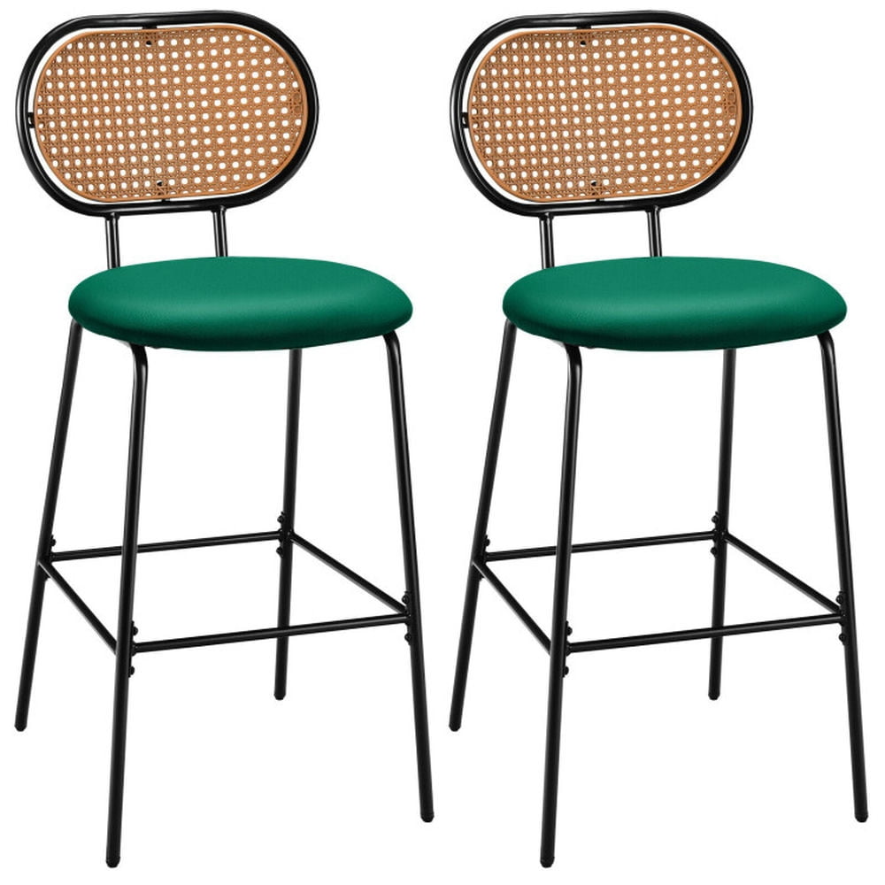 Finihen 29.5" Modern Faux Leather Bar Stools with Imitation Rattan Woven Backrest, Modern Dining Chair, Green Finihen 29.5" Modern Faux Leather Bar Stools with Imitation Rattan Woven Backrest, Modern Dining Chair, Green