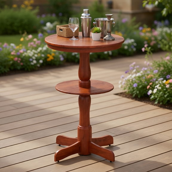 Demi Bonn 29" Pub Table, 2-Tier Round High Top Bar Table with Storage Shelf and Pedestal Base, Perfect for Small Space, Brown