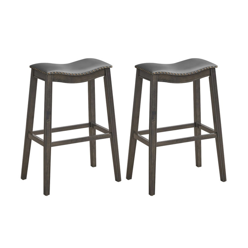 Finihen 29" Set of 2 Backless Wood Nailhead Barstools with PVC Leather Seat, Modern Kitchen Dining Chair, Gray Finihen 29" Set of 2 Backless Wood Nailhead Barstools with PVC Leather Seat, Modern Kitchen Dining Chair, Gray