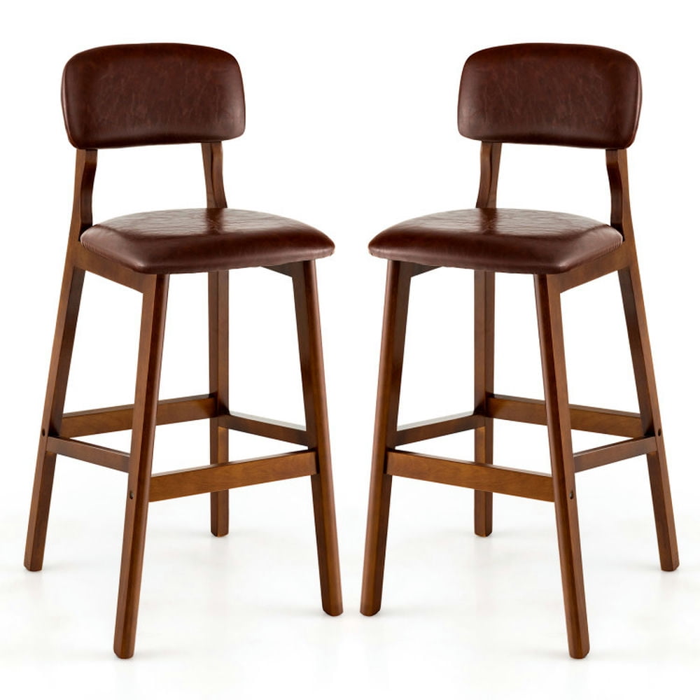 Finihen 29" Set of 2 Upholstered PU Bar Stools with Rubber Wood Legs, Modern Dining Chair with Backrests, Brown