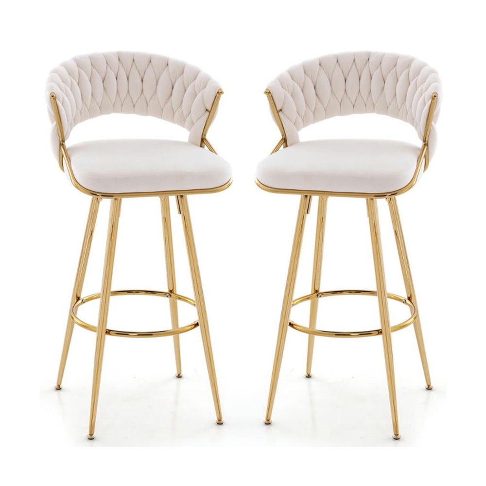 Finihen 29" Set of 2 Velvet Bar Stool with Woven Backrest and Gold Metal Legs, Modern Kitchen Dining Chair, Beige Finihen 29" Set of 2 Velvet Bar Stool with Woven Backrest and Gold Metal Legs, Modern Kitchen Dining Chair, Beige