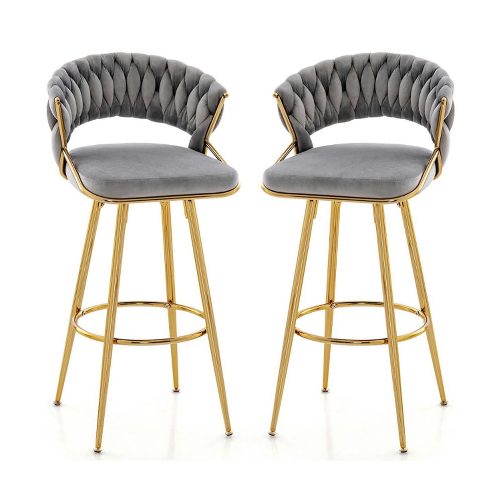 Finihen 29" Set of 2 Velvet Bar Stool with Woven Backrest and Gold Metal Legs, Modern Kitchen Dining Chair, Gray Finihen 29" Set of 2 Velvet Bar Stool with Woven Backrest and Gold Metal Legs, Modern Kitchen Dining Chair, Gray