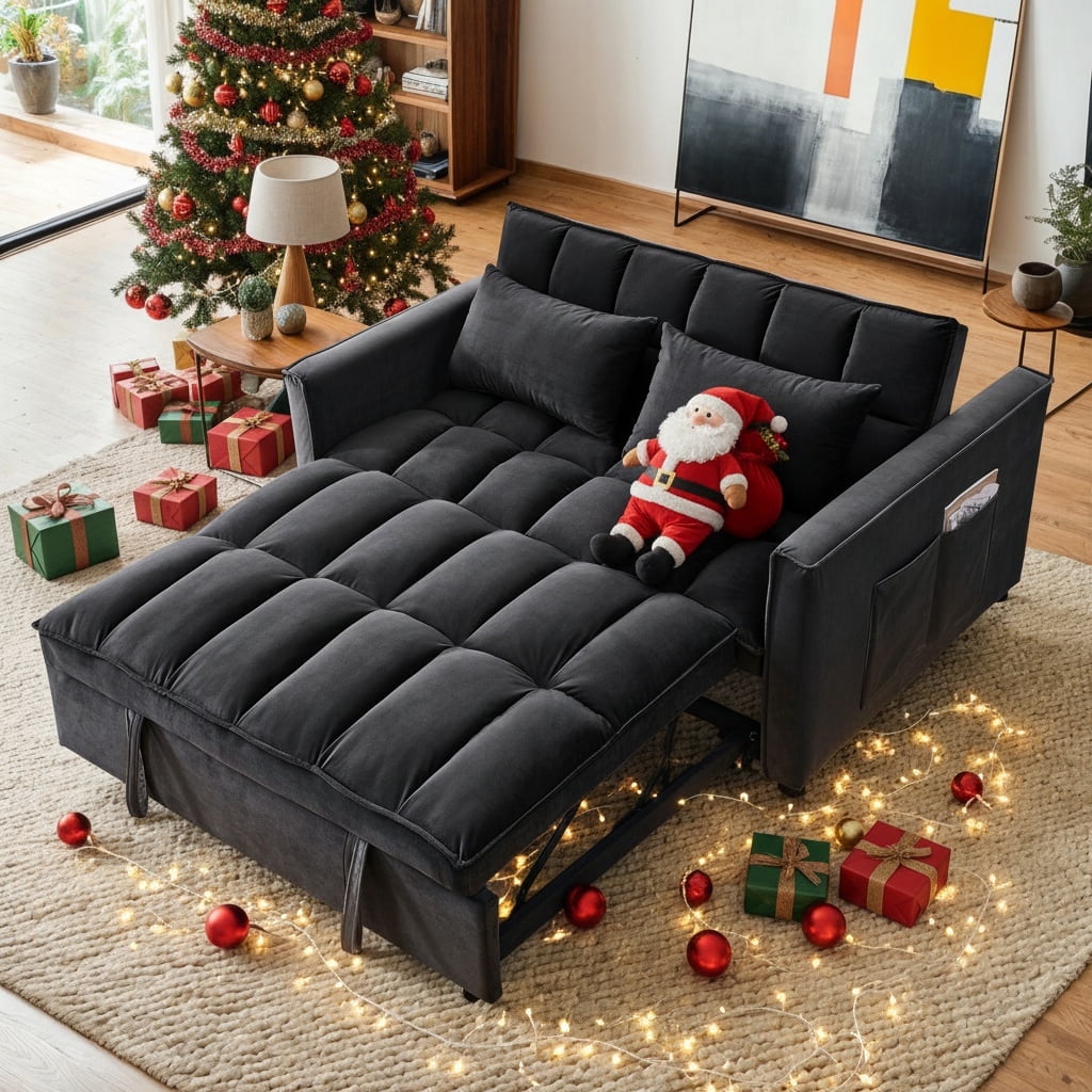 Demi Bonn 3 in 1 Convertible Sleeper Sofa Bed with Side Pocket, Adjustable Backrest Velvet Futon Couches for Living Room, Pull Out Couch, Loveseat, Black