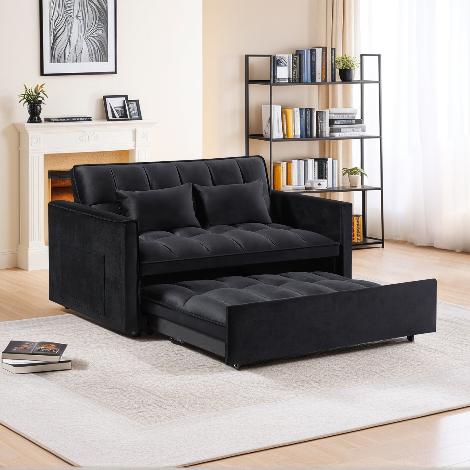 Demi Bonn 3 in 1 Convertible Sleeper Sofa Bed with Side Pocket, Adjustable Backrest Velvet Futon Couches for Living Room, Pull Out Couch, Loveseat, Black