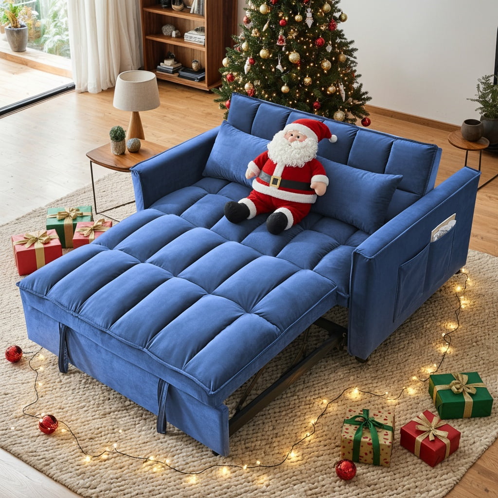Demi Bonn 3 in 1 Convertible Sleeper Sofa Bed with Side Pocket, Adjustable Backrest Velvet Futon Couches for Living Room, Pull Out Couch, Loveseat, Blue