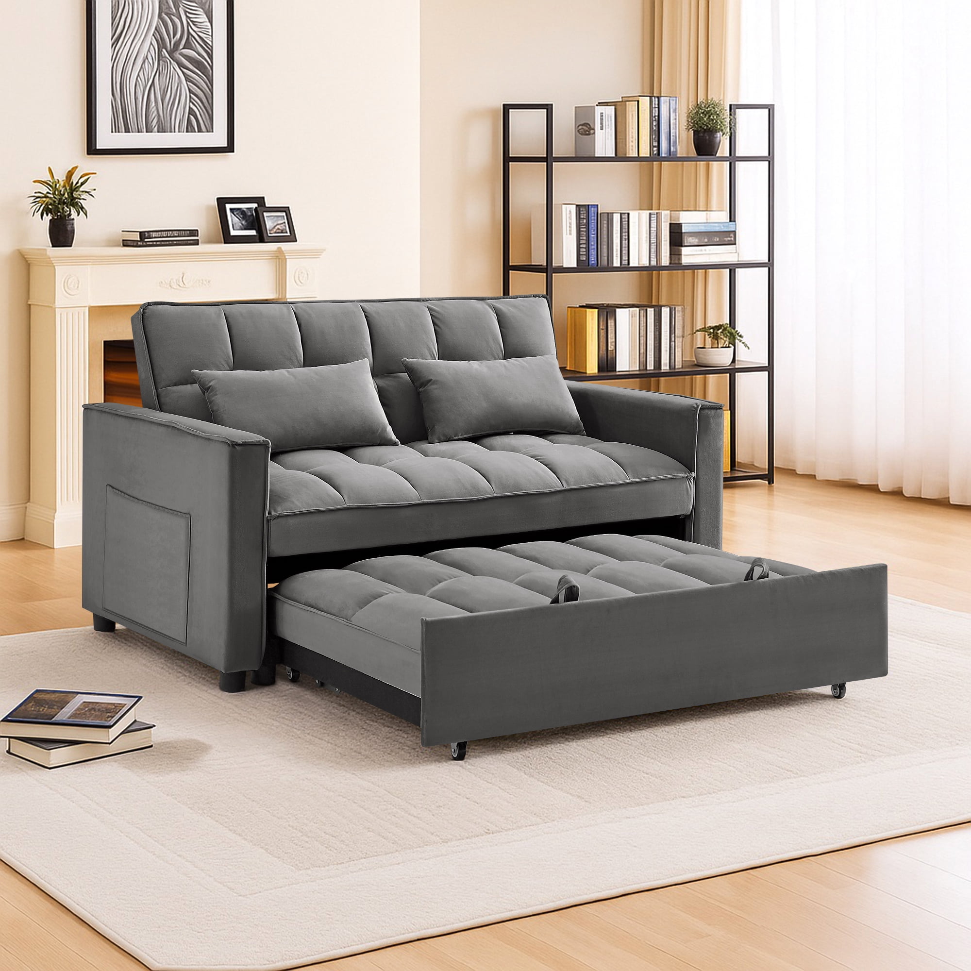 Demi Bonn 3 in 1 Convertible Sleeper Sofa Bed with Side Pocket, Adjustable Backrest Velvet Futon Couches for Living Room, Pull Out Couch, Loveseat, Dark Gray