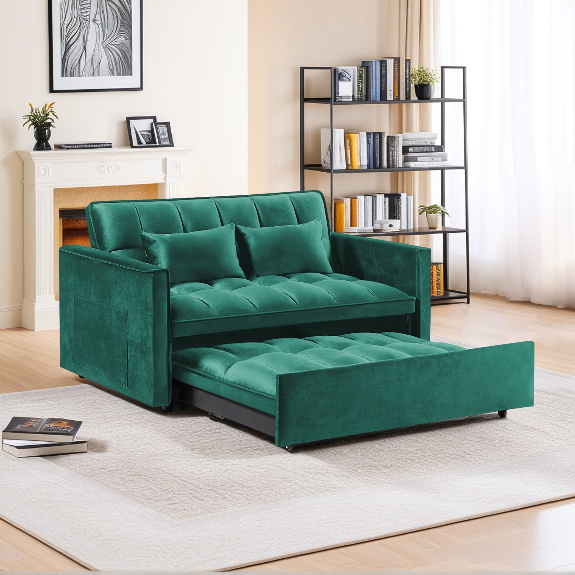 Demi Bonn 3 in 1 Convertible Sleeper Sofa Bed with Side Pocket, Adjustable Backrest Velvet Futon Couches for Living Room, Pull Out Couch, Loveseat, Green