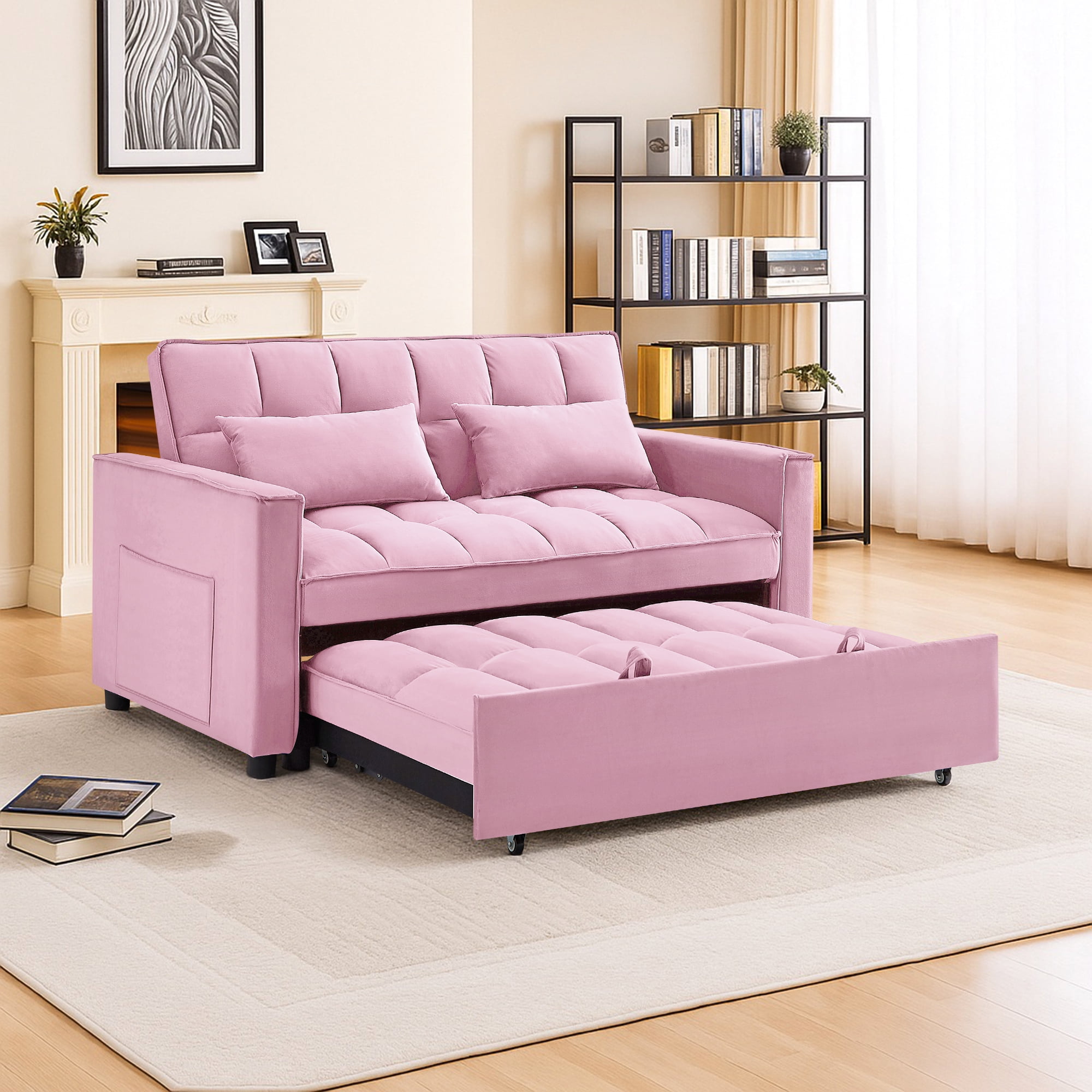 Demi Bonn 3 in 1 Convertible Sleeper Sofa Bed with Side Pocket, Adjustable Backrest Velvet Futon Couches for Living Room, Pull Out Couch, Loveseat, Pink