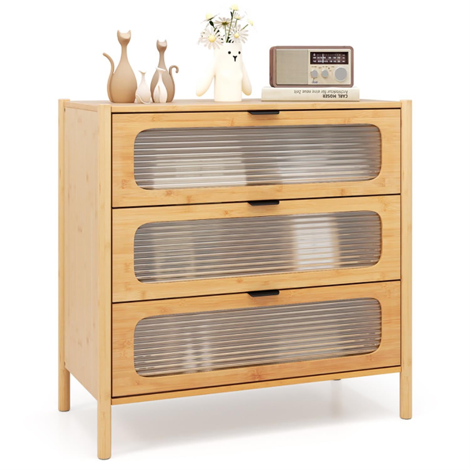 Demi Bonn 3 Drawer Dresser for Bedroom, Modern Storage Cabinet with Reeded Tempered Glass Front, Bamboo Chest of Hallway, Entryway, Beige