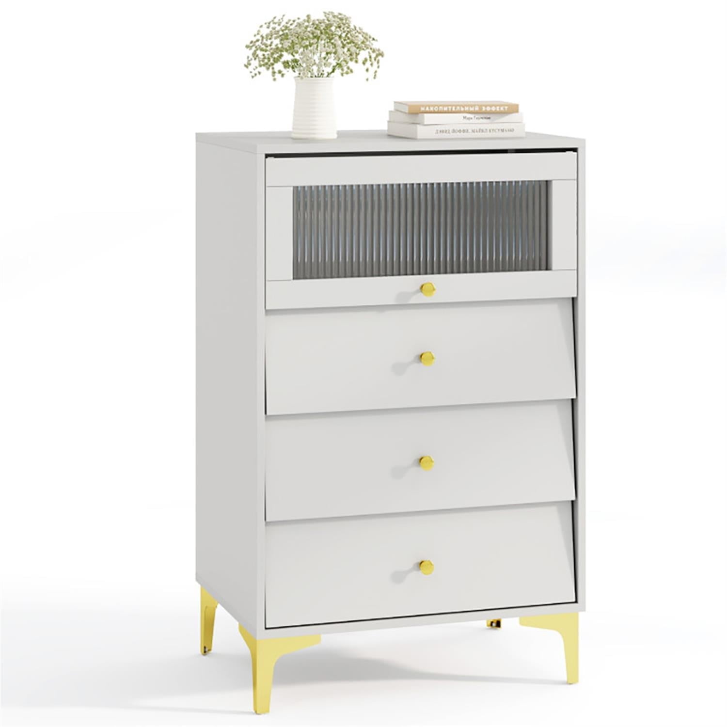 Demi Bonn 3 Drawer Dresser for Bedroom, Storage Cabinet with Flip Up Fluted Glass Door and Pull-out Drawers, Wood Chest of Hallway, Entryway, White