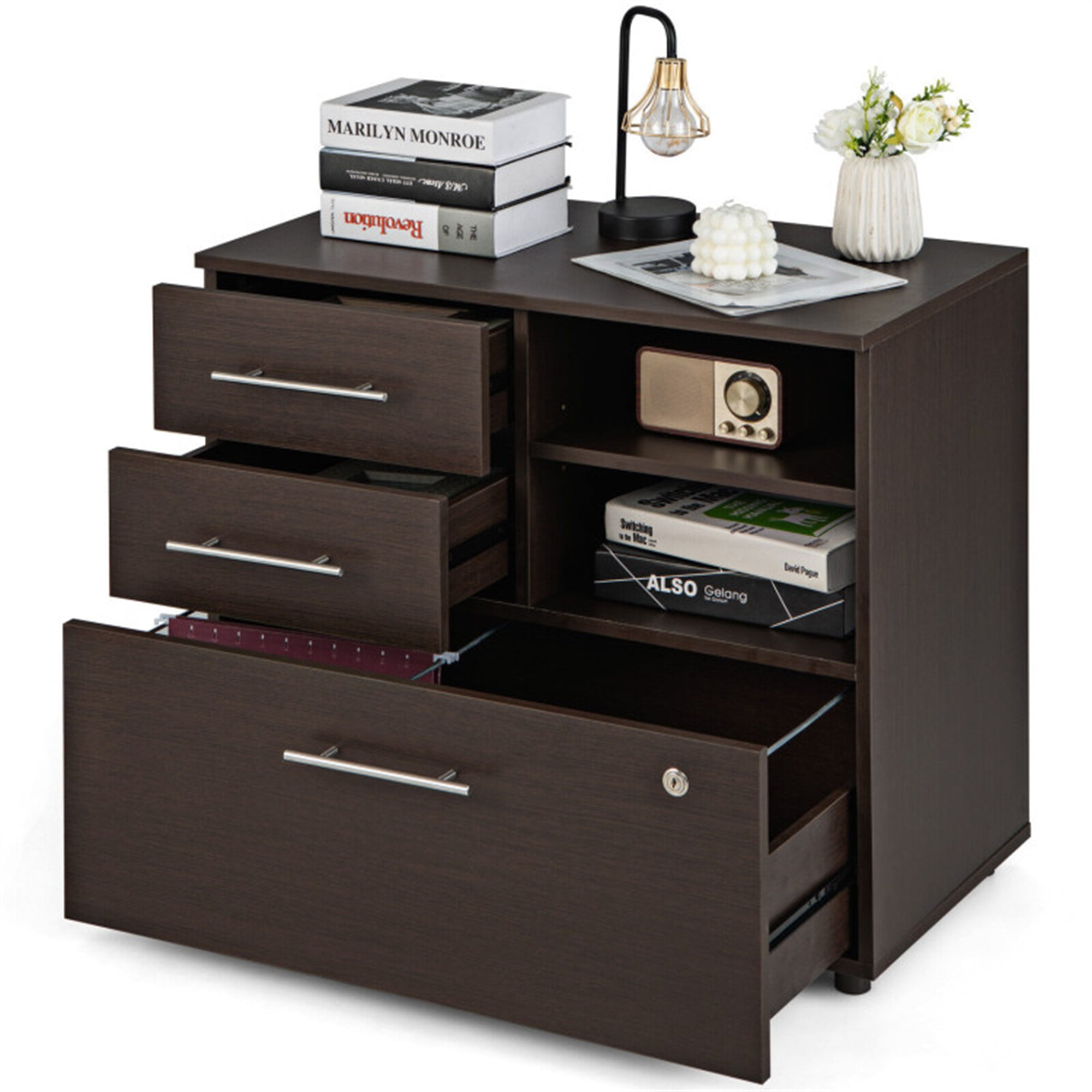 Finihen 3 Drawer Lateral File Cabinet on Wheels with Storage Shelves, Brown Finihen 3 Drawer Lateral File Cabinet on Wheels with Storage Shelves, Brown