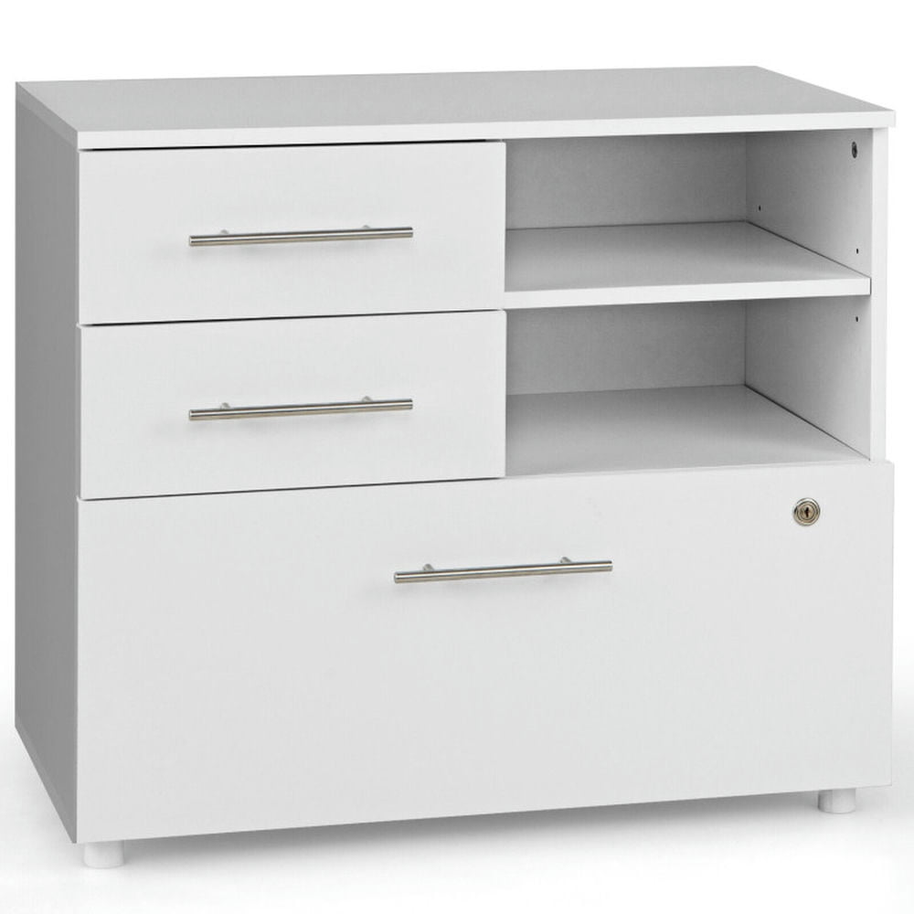 Finihen 3 Drawer Lateral File Cabinet on Wheels with Storage Shelves, White Finihen 3 Drawer Lateral File Cabinet on Wheels with Storage Shelves, White