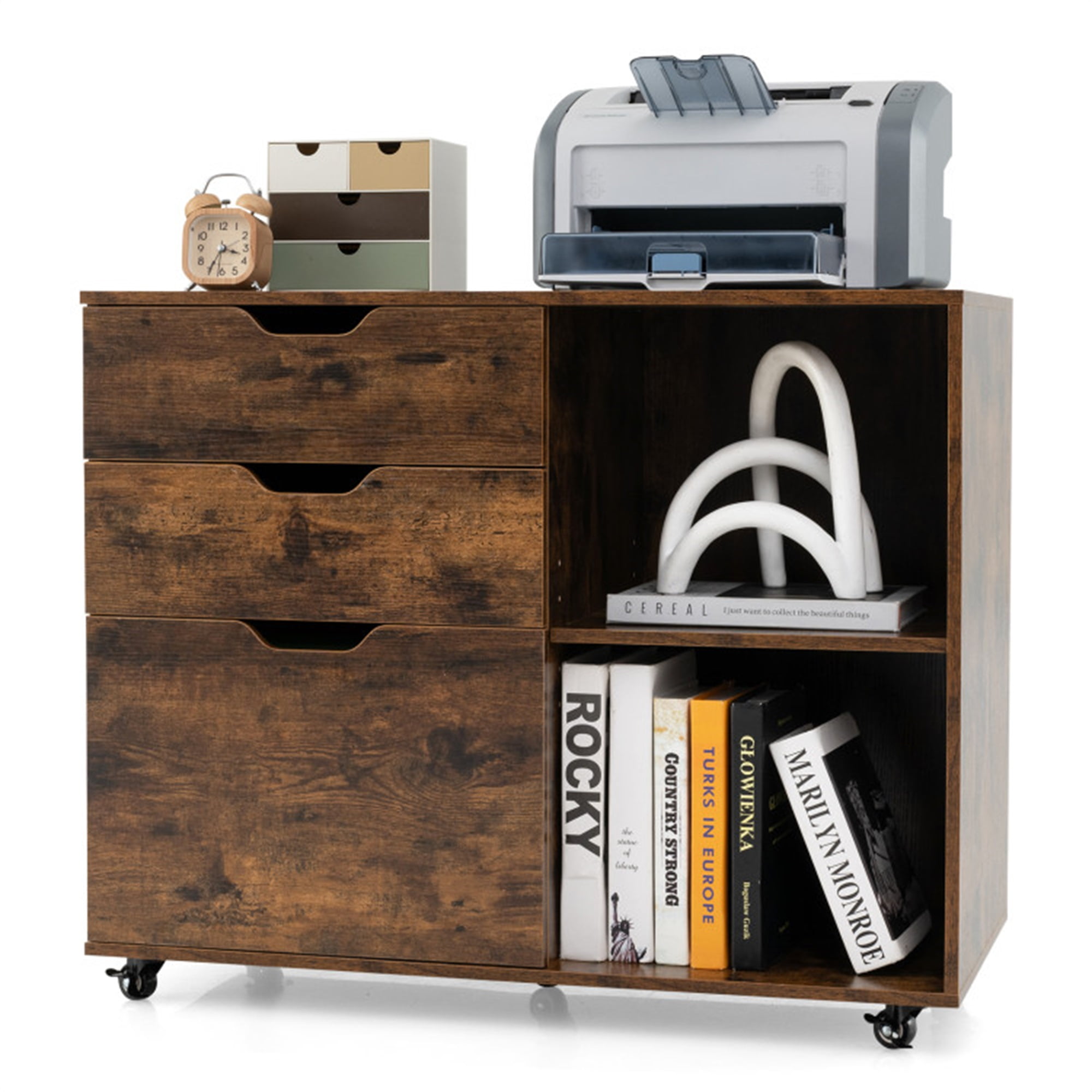 Finihen 3-Drawer Mobile File Cabinet with Adjustable Shelf and Wheels for Letter Size, Brown Finihen 3-Drawer Mobile File Cabinet with Adjustable Shelf and Wheels for Letter Size, Brown