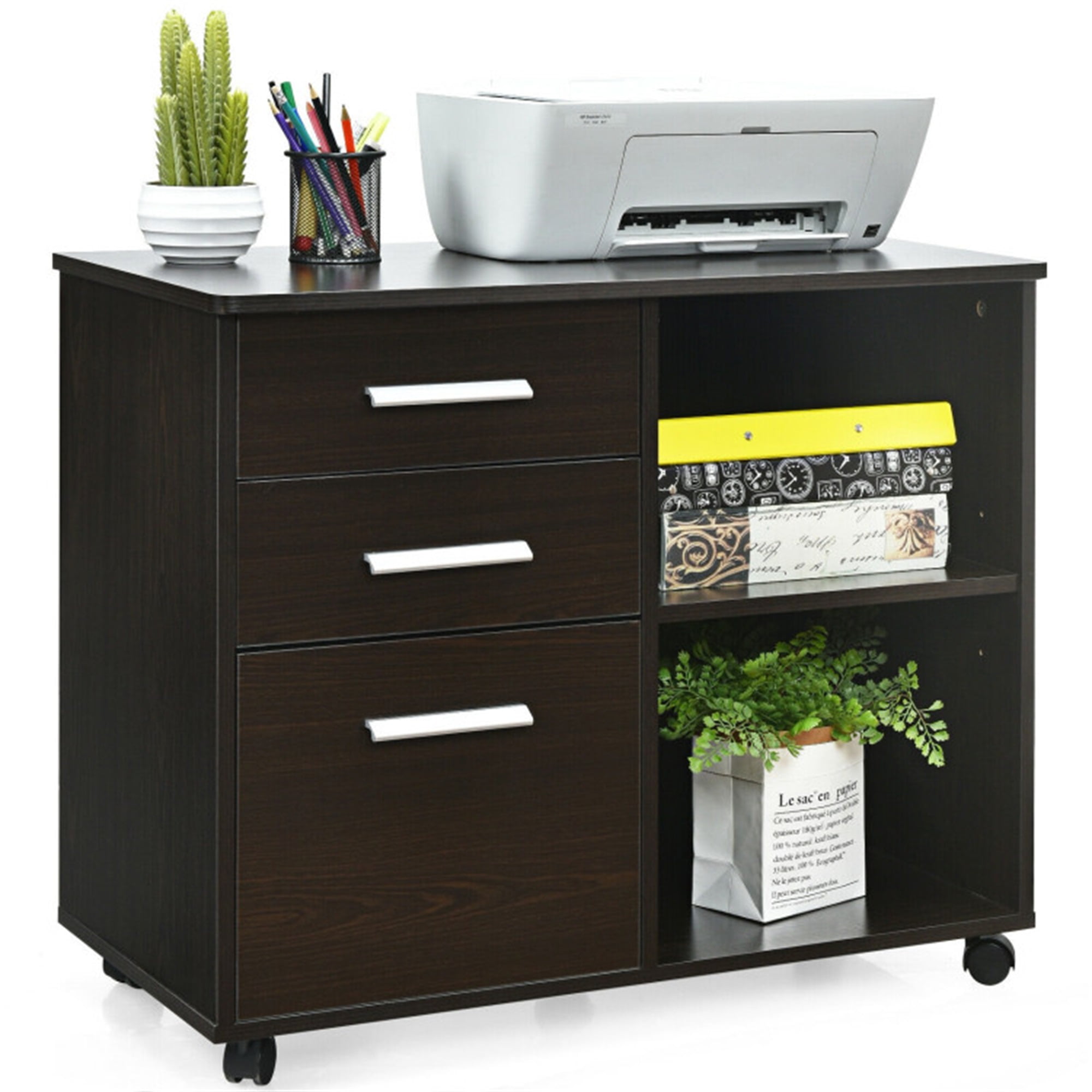 Finihen 3-Drawer Mobile Lateral File Cabinet with 4 Universal Casters, Printer Stand, Brown Finihen 3-Drawer Mobile Lateral File Cabinet with 4 Universal Casters, Printer Stand, Brown