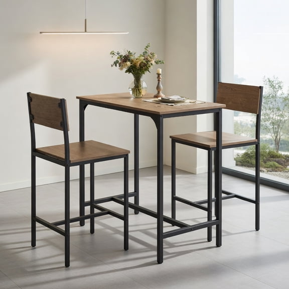 Demi Bonn 3-Piece Bar Table Set with Backrest and Footrest, 35" Wooden Square Kitchen Dining Table Set, Perfect for Small Space, Gray