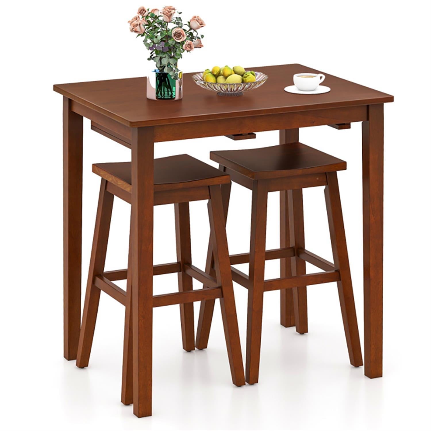 Demi Bonn 3-Piece Bar Table Set with Pub Table and 2 Saddle Stools, 35" Wooden Kitchen Dining Table Set, Perfect for Small Space, Brown