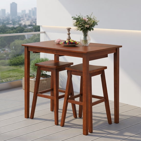 Demi Bonn 3-Piece Bar Table Set with Pub Table and 2 Saddle Stools, 35" Wooden Kitchen Dining Table Set, Perfect for Small Space, Brown