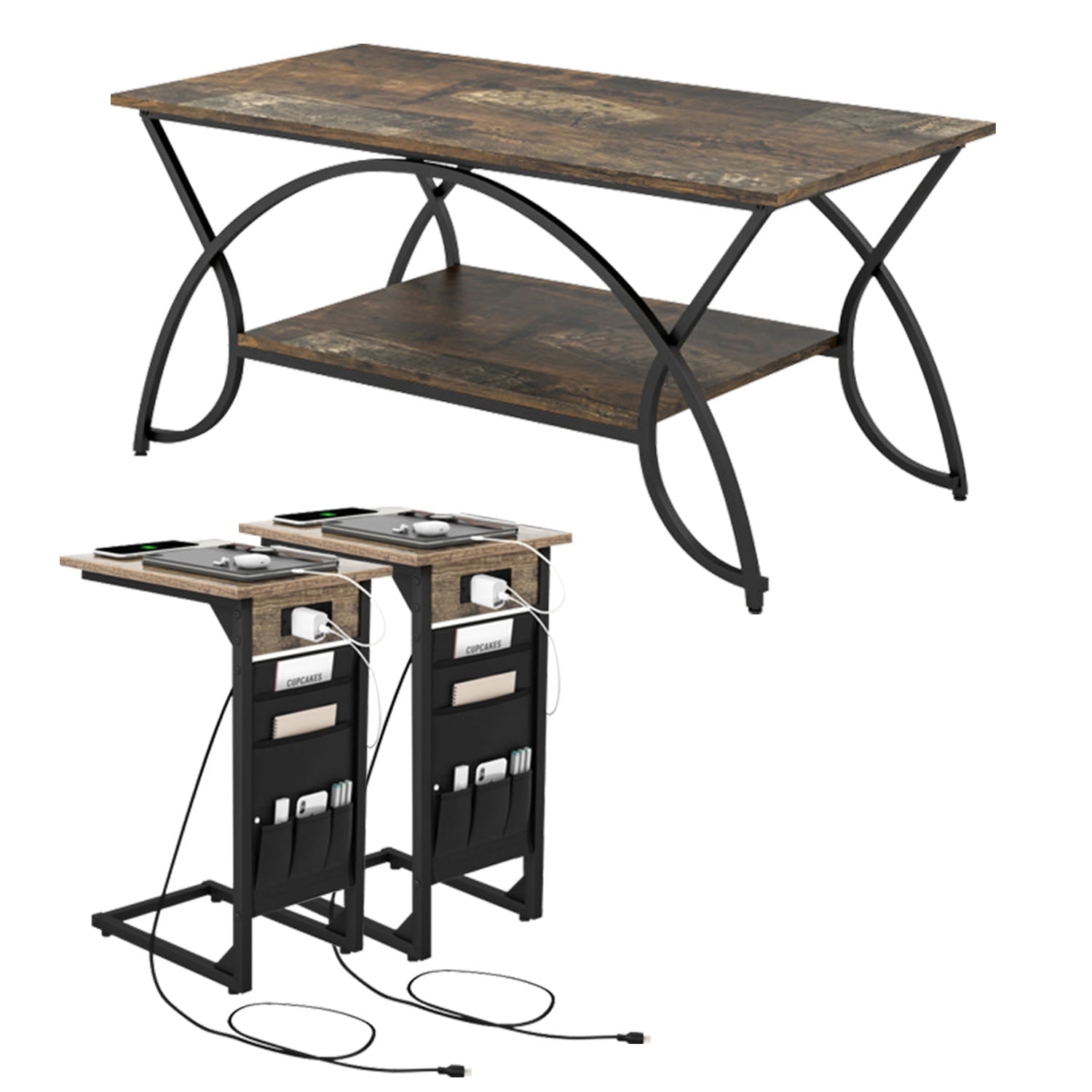 Demi Bonn 3-Piece Coffee Table Set, 2-Tier Faux Marble Coffee Table with Marble Top and Metal Frame & Set of 2 C Shaped End Table with Charging Station, for Living Room, Brown