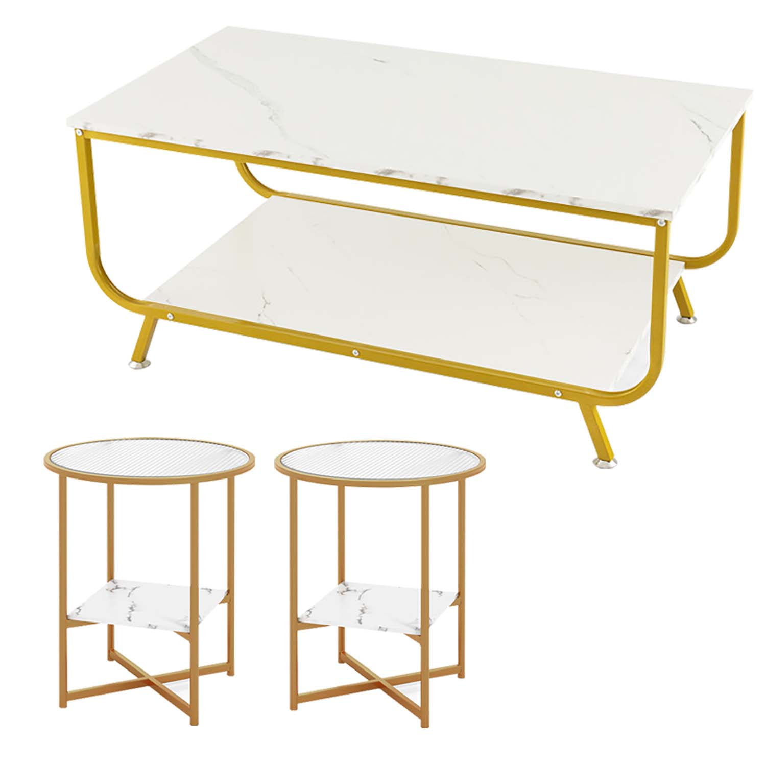 Finihen 3-Piece Coffee Table Set, 2-Tier Faux Marble Top Rectangular Coffee Table with Metal Frame & Glass End Table Set of 2 with Faux Marble Storage Shelf, for Living Room, White Finihen 3-Piece Coffee Table Set, 2-Tier Faux Marble Top Rectangular Coffee Table with Metal Frame & Glass End Table Set of 2 with Faux Marble Storage Shelf, for Living Room, White