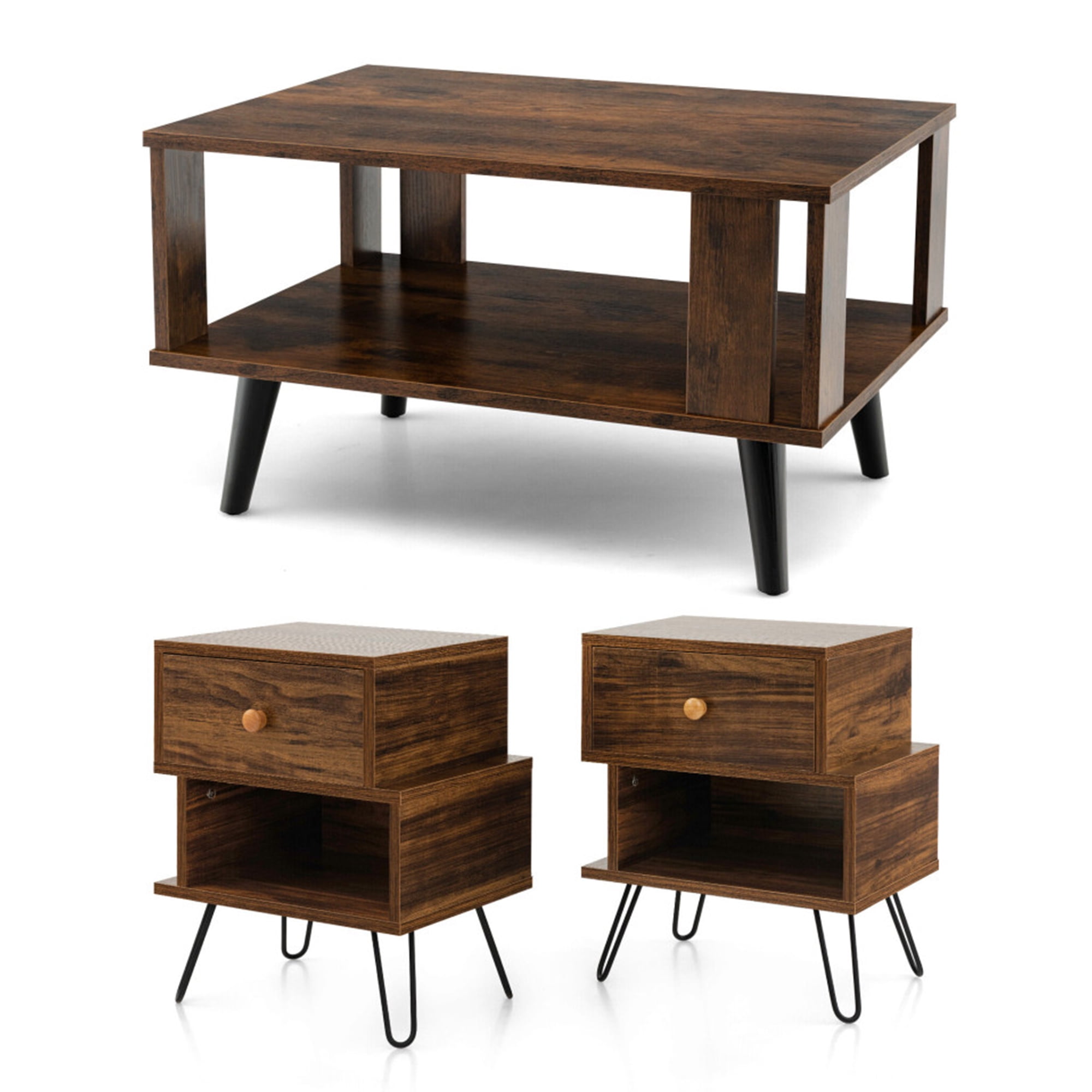 Finihen 3-Piece Coffee Table Set, Compact Retro Mid-Century Coffee Table & 2 Irregular 2-Tier Wooden Nightstands with Elevated Metal Feet, for Living Room, Brown
