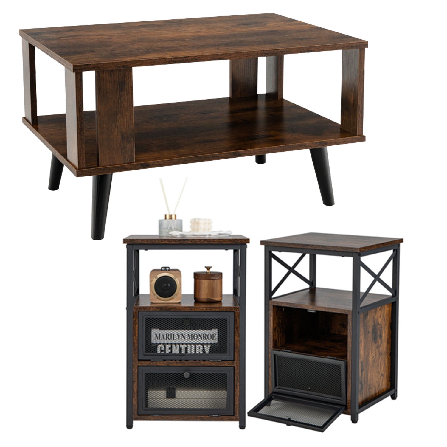 Finihen 3-Piece Coffee Table Set, Compact Retro Mid-Century Coffee Table with Storage Open Shelf & 2 Modern Nightstand with 2 Flip Drawers and Open Shelf, for Living Room, Brown Finihen 3-Piece Coffee Table Set, Compact Retro Mid-Century Coffee Table with Storage Open Shelf & 2 Modern Nightstand with 2 Flip Drawers and Open Shelf, for Living Room, Brown