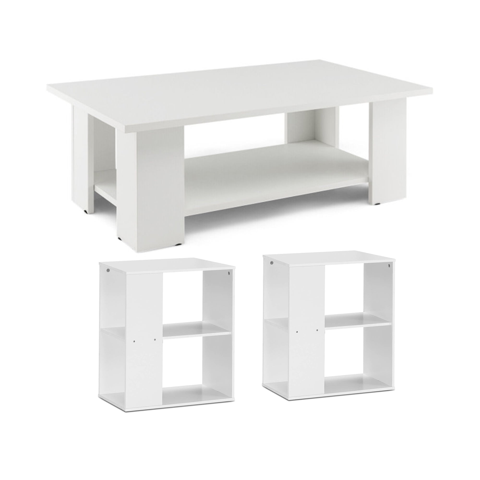 Demi Bonn 3-Piece Coffee Table Set, Large 36" 2-tier Wood Modern Side Table with Open Storage Shelf and Set of 2 End Table, Foot Pads, for Living Room, White