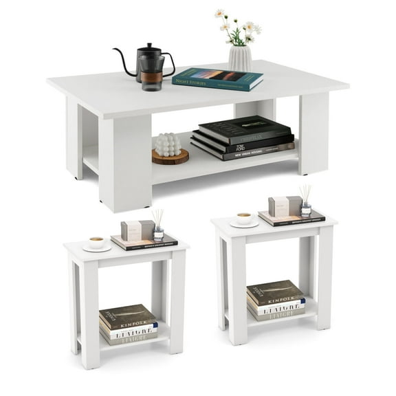 Demi Bonn 3-Piece Coffee Table Set with Storage Shelf, 36" Wooden Modern Coffee Table with Storage Shelf & Set of 2 Modern Compact End Table for Living Room, White