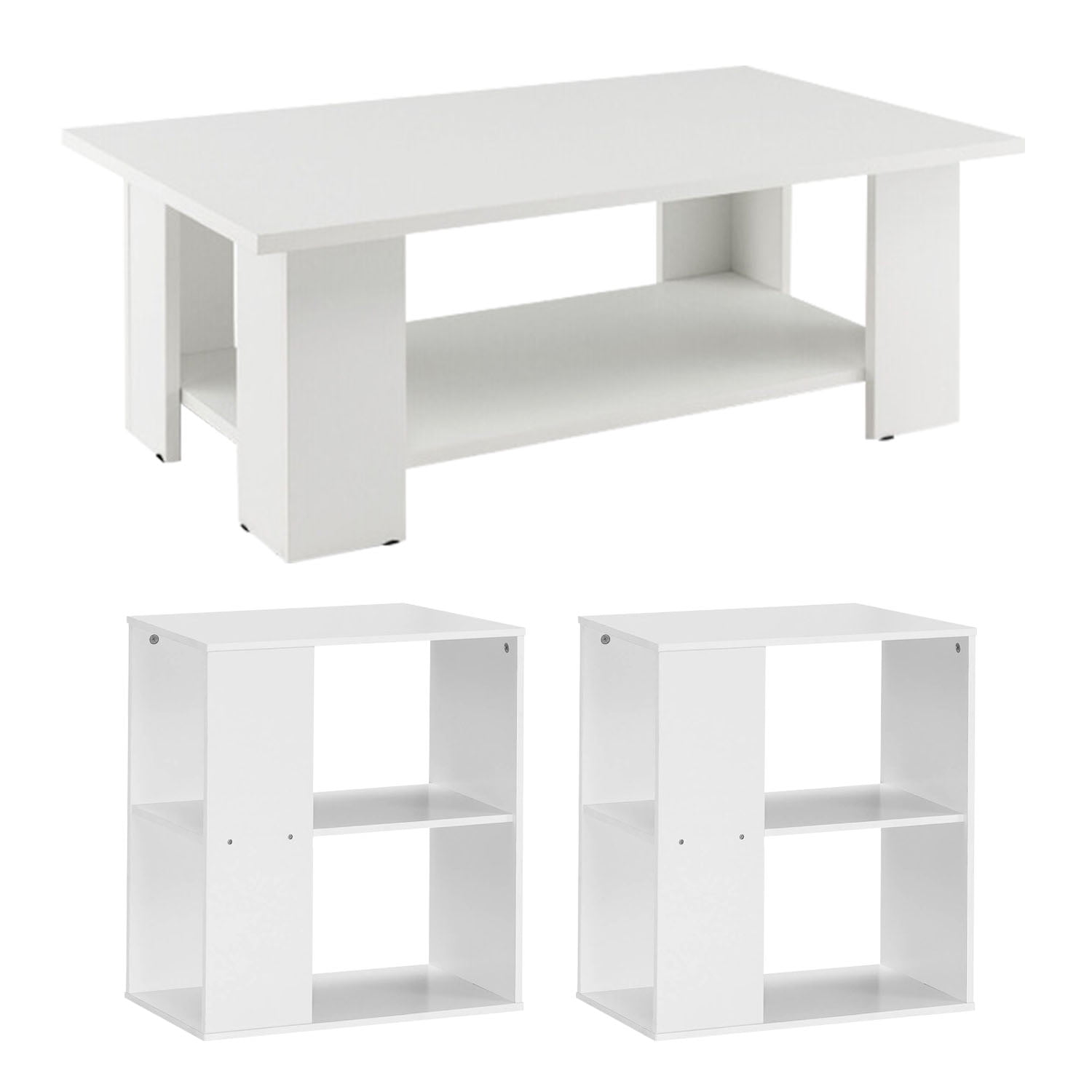 Finihen 3-Piece Coffee Table Set, Large 36 Inch 2-tier Wooden Modern Coffee Table with Storage Shelf & Set of 2 End Table with Open Storage and Foot Pads, for Living Room, White Finihen 3-Piece Coffee Table Set, Large 36 Inch 2-tier Wooden Modern Coffee Table with Storage Shelf & Set of 2 End Table with Open Storage and Foot Pads, for Living Room, White